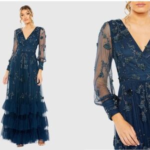 MAC DUGGAL 9256 MESH LONG SLEEVE V-NECK TIERED EMBELLISHED A-LINE GOWN sz 6